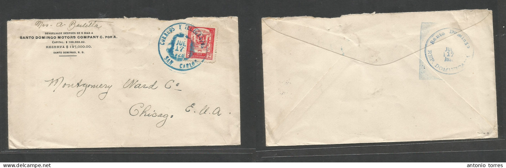 Dominican Rep. 1928 (17 July) San Carlos - USA, Chicago Ill. Stgo Motors Cº. 2c Red Fkd Env, Special Large Cds Blue Type - Dominicaine (République)