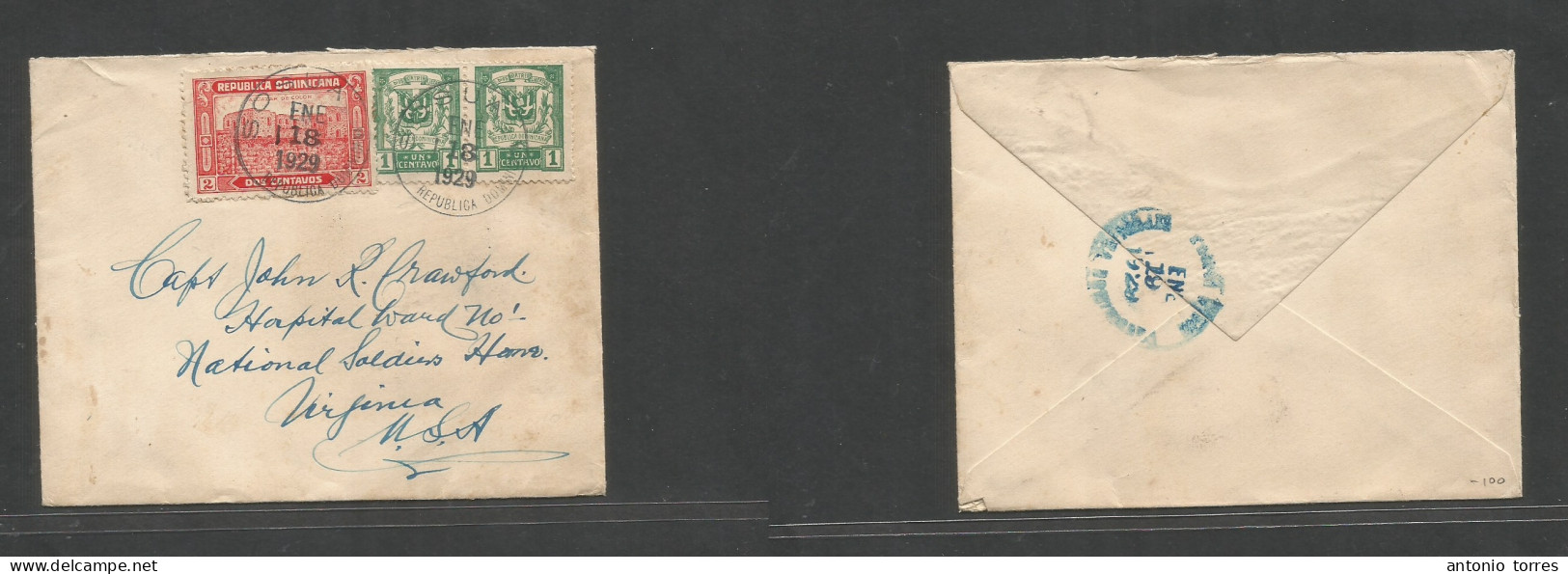 Dominican Rep. 1929 (18 Ene) Sosna - USA, Va, National Soldiers Home Hospital. Multifkd Env, At 4c Rate, Blue Cds. Fine - República Dominicana