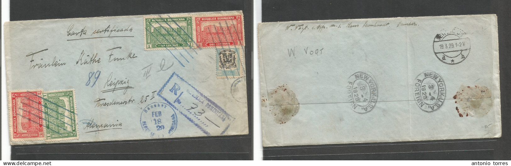 Dominican Rep. 1929 (18 Feb) Sanchez - Germany, Leipzig (19 March) Registered Multifkd Env At 6c Rate, Rolling Cds Cache - Dominicaanse Republiek