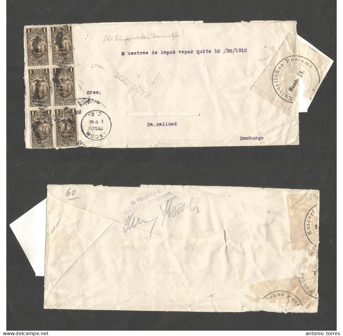 Ecuador. 1922 (Dec 28) Fiscal Provisional In Transit Multifkd Envelope. Ancon, Canal Zone Cancelled + Paquebot Cachet + - Ecuador