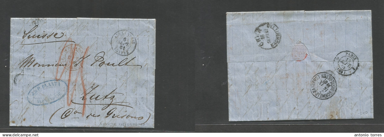 Egypt. 1861 (6 Sept) Alexandria - Switzerland, Zutz (16 Sept) Via Basel - Chur. Stampless EL With Text, Depart French PO - Sonstige & Ohne Zuordnung