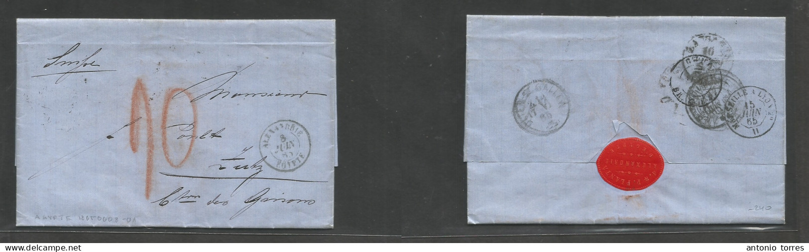 Egypt. 1865 (8 June) Alexandria - Switzerland, Zutz (17 June) Stampless EL With Contains Via French PO, Transited + Taxe - Autres & Non Classés