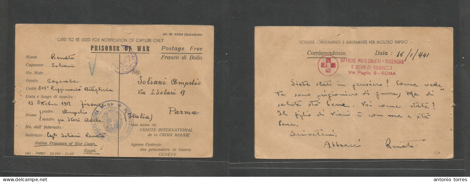 Egypt. 1941 (16 Jan) WWII Egypt. Italian POW Mail Postage Free Card, Egypt + Italian Censor Cachets, Adressed To Parma, - Autres & Non Classés