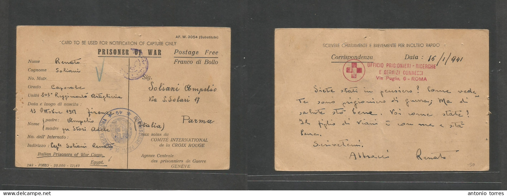 Egypt. 1941 (16 Jan) WWII Egypt. Italian POW Mail Postage Free Card, Egypt + Italian Censor Cachets, Adressed To Parma, - Otros & Sin Clasificación