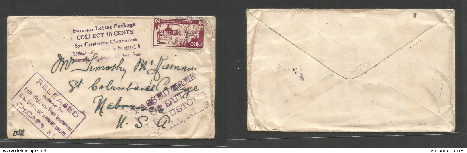 Eire. 1938 (3 March) Single 2d Fkd Env To USA, Nebraska, St. Columbian College + 3 US Po Aux Cachet Collect 10c + Releas - Used Stamps