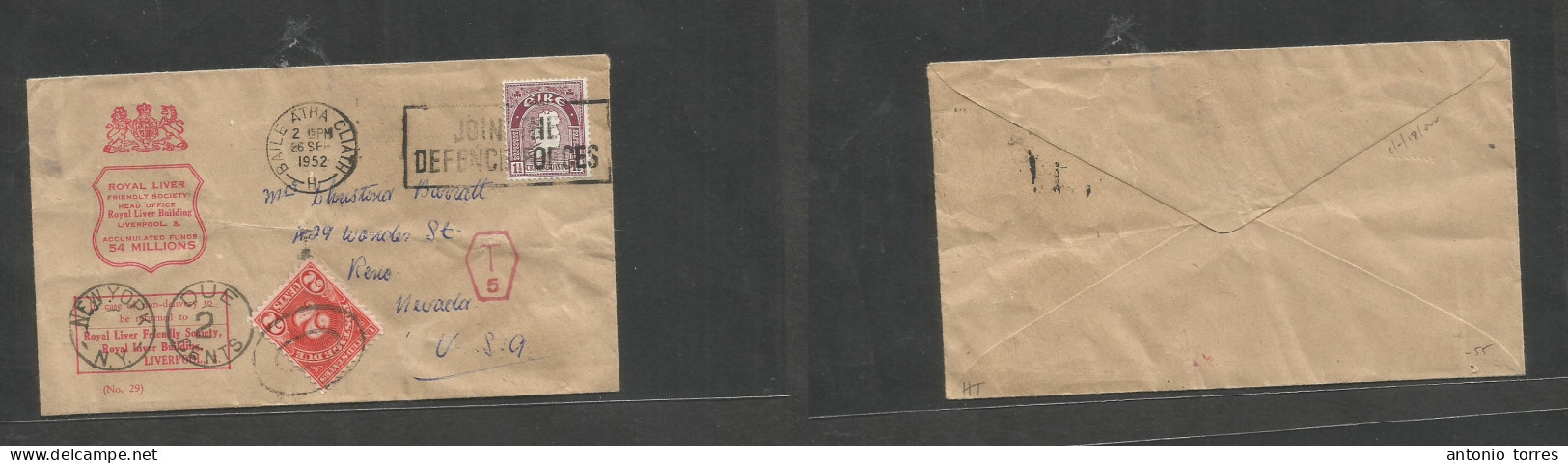 Eire. 1952 (26 Sept) Baile Atha Caith - USA, Nevada, Remo. Royal Live Sea. Single Fkd Slogan Cachet Fkd Env + Taxed + US - Used Stamps