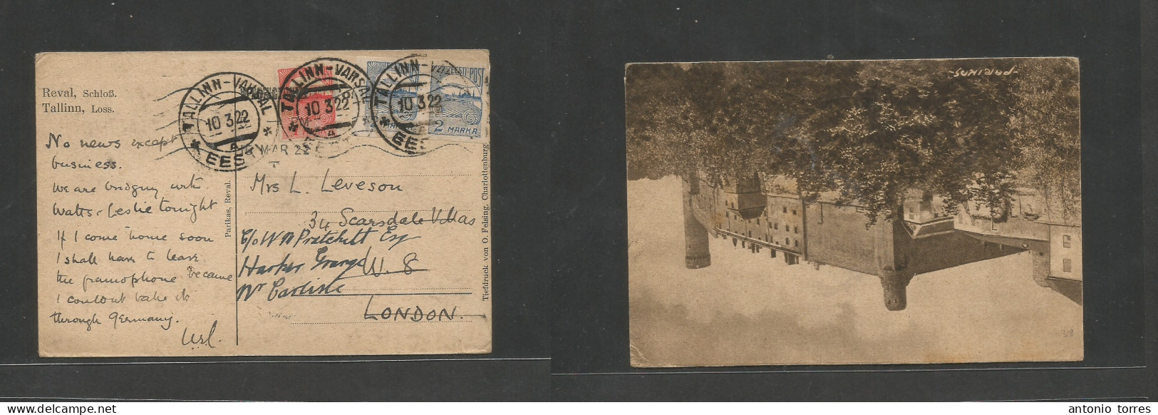 Estonia. 1922 (10 March) Tallinn Varsal - London, UK, Fwded North Carlisle. Multifkd Ppc. Fine. - Estonia