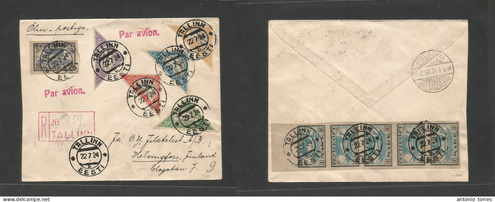 Estonia. 1924 (22 July) Tallinn - Finland, Helsingfors (22 July) Registered Air Multifkd Mixed Issues Front And Reverse - Estland