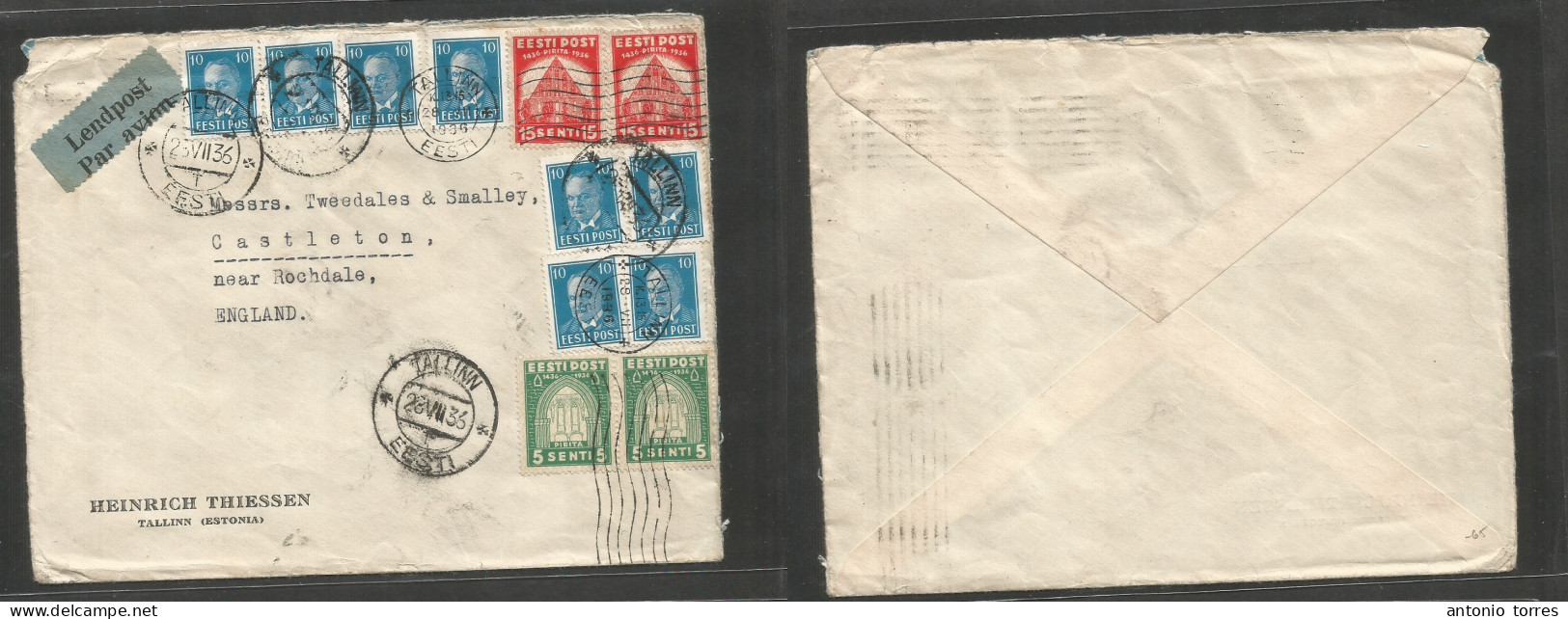 Estonia. 1933 (28 July) Tallinn - England, Castleton. Air Multifkd Mixed Issues Comercial Envelope, Tied Cds + Rolling C - Estonie