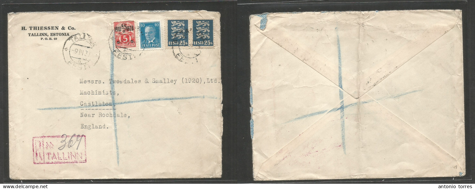 Estonia. 1937 (9 March) Tallinn - England, Rochdale. Registered Multifkd Env, Mixed Issues Incl Overprinted, Tied Cds + - Estonie