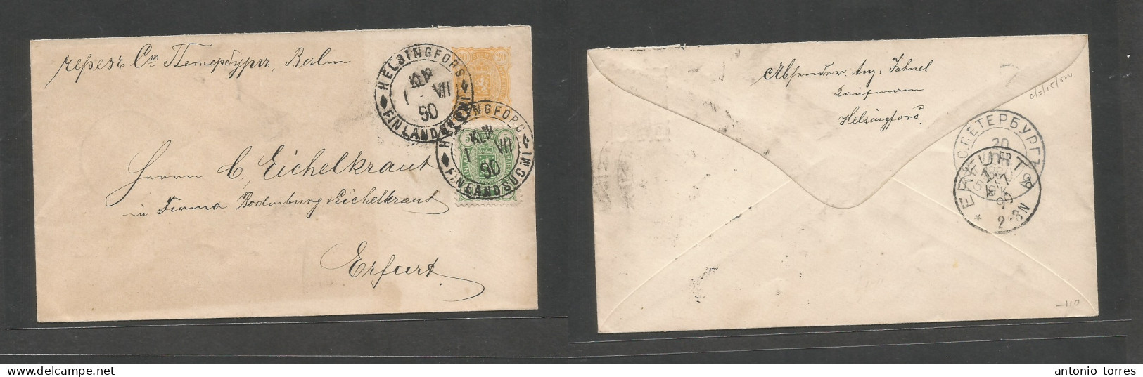 Finland. 1890 (1 July) Russian Postal Admin. Helsingfors - Erfurt, Germany (4 July) Via St. Petersburg. 20p Yellow Stati - Other & Unclassified