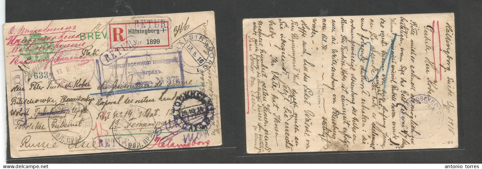 Finland. 1916 (13 May) Halsinborg - Rusian Asia Via Sweden, Stockholm. POW Mail, Tobolike Gubernat. Registered FM + Vari - Other & Unclassified