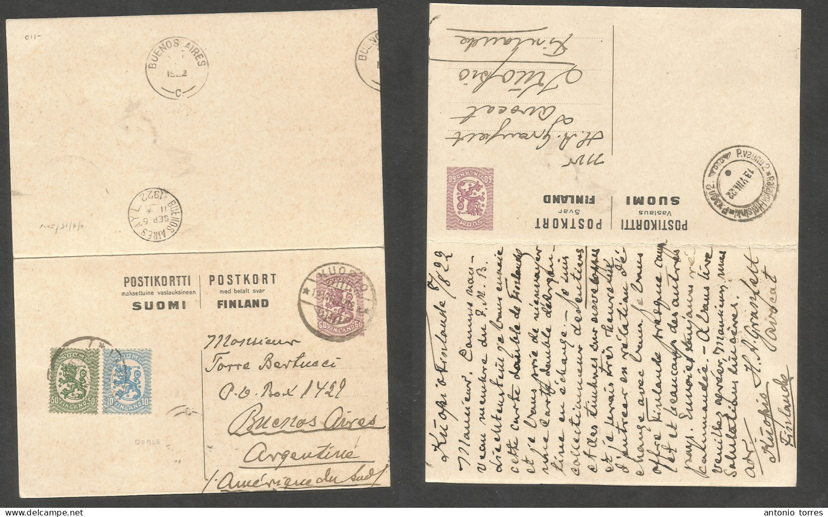 Finland. 1922 (12 Aug Kuopio - Argentina, Buenos Aires 60m Lilac Doble Stationary Card + 2 Adtls At 10m Rate, Used On Wa - Other & Unclassified