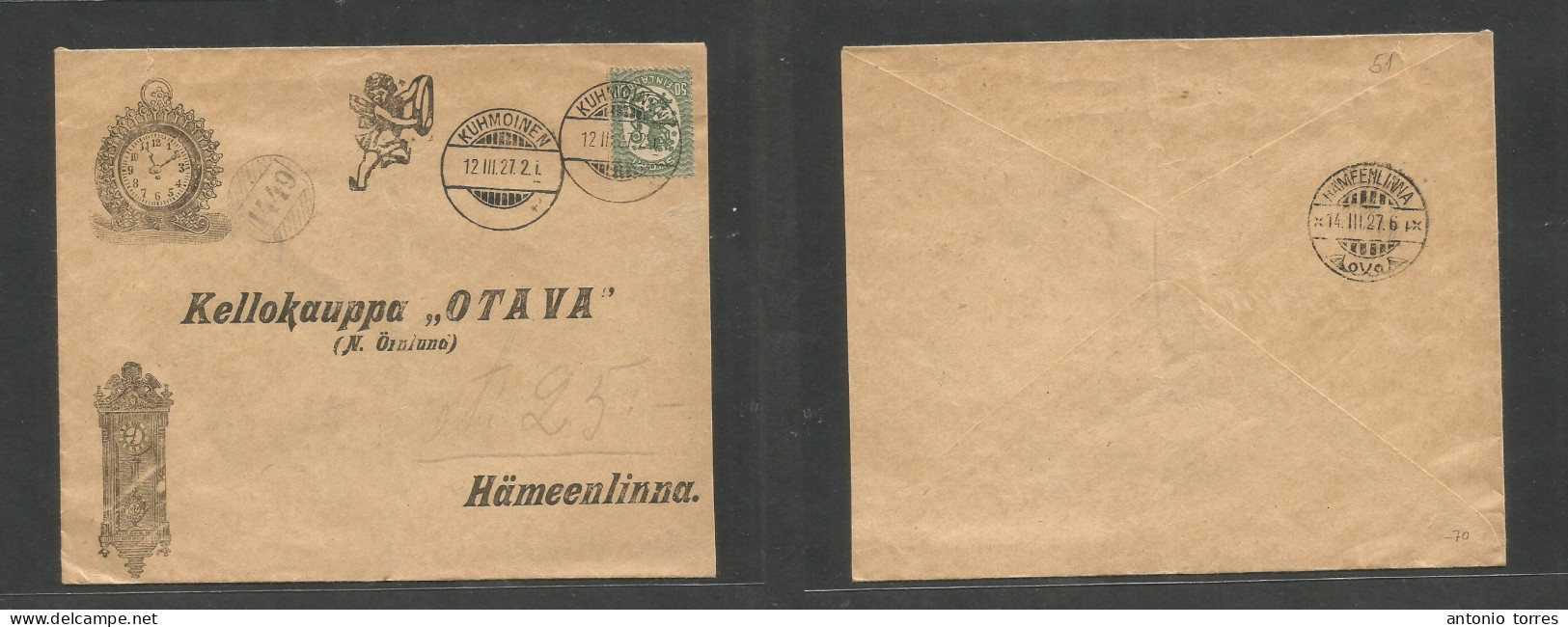 Finland. 1927 (12 March) Kuhmoinen - Hameenlina (14 March) Watch / Clock Illustrated Fkd Envelope. Arrival Cachet + Pmk. - Sonstige & Ohne Zuordnung