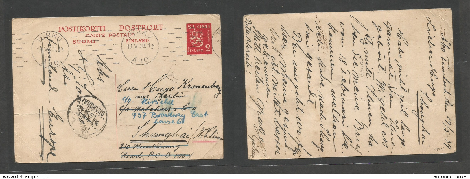 Finland. 1939 (19 May) Turku - China, Shanghai, Fwded Locally 2m Red Stat Card, Arrival Alongside + Cachet. Fine And Sca - Sonstige & Ohne Zuordnung