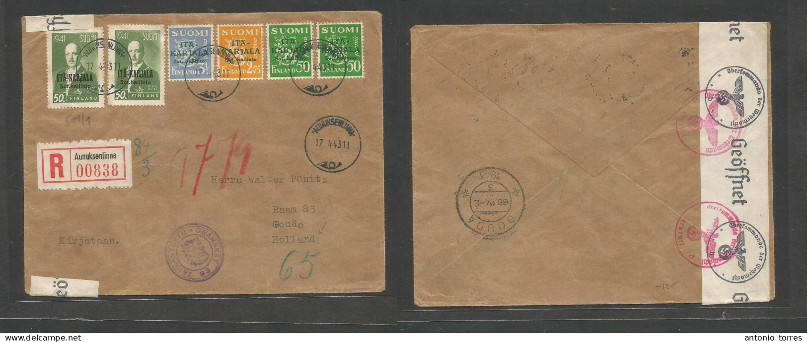 Finland. 1943 (17 April) KARELIA Ovptd. Annuksetlima - Netherlands, Gouda (30 April) Registered Air Multifkd Depart + Na - Sonstige & Ohne Zuordnung