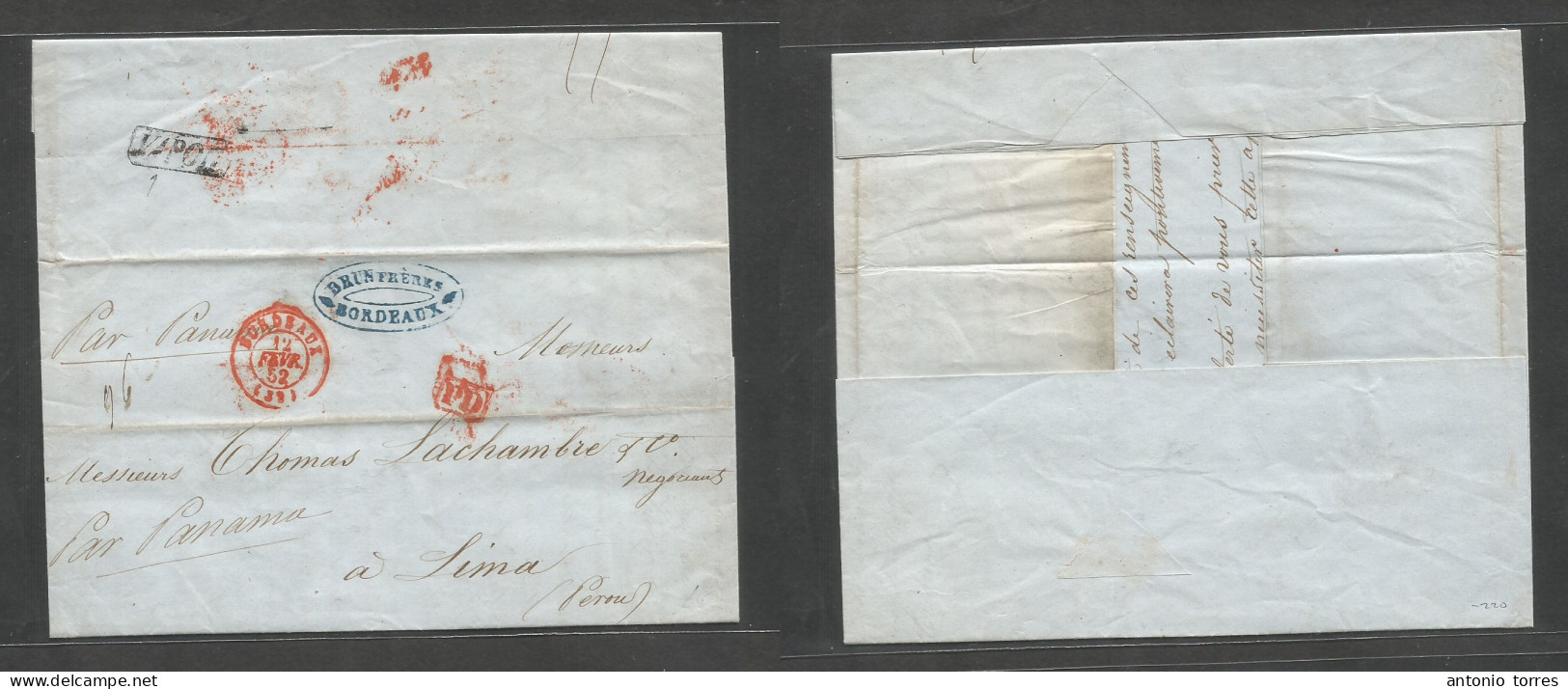 France. 1852 (12 Feb) Bordeux - Peru. Lima (4 April) EL With Text, Depart Red Cds + PO, Endorsed Via Panama + Reverse "V - Sonstige & Ohne Zuordnung