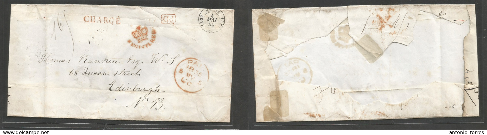 France. 1855 (4 May) Paris - Scotland, Edinburgh Via London (5 May) Cash Paid Stampless E Red Crown Registered Mark + Fr - Altri & Non Classificati