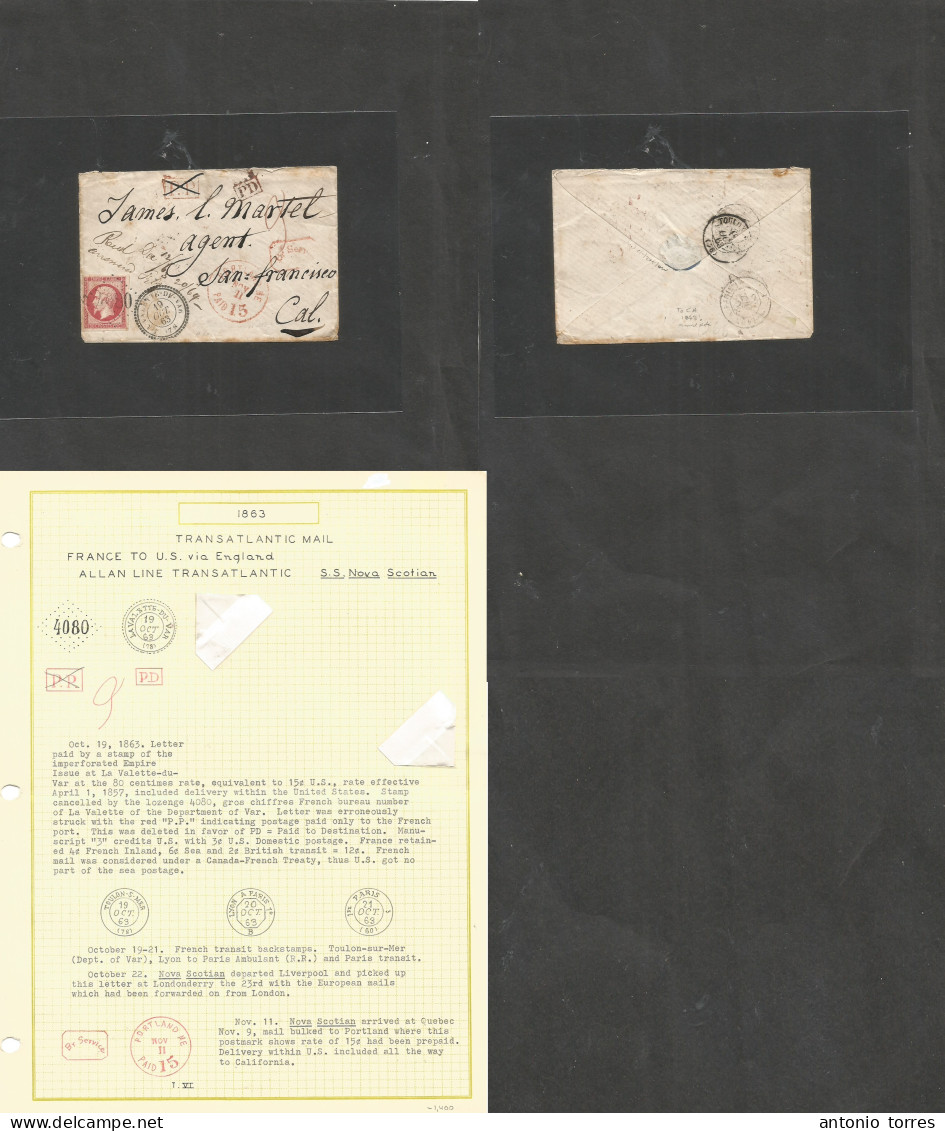 France. 1863 (19 Oct) Lavalette Du Var - USA, CA, S. Fco (Dec 12, 1863) 80c Red Imperf Fkd Envelope Via Portland, Maine - Other & Unclassified