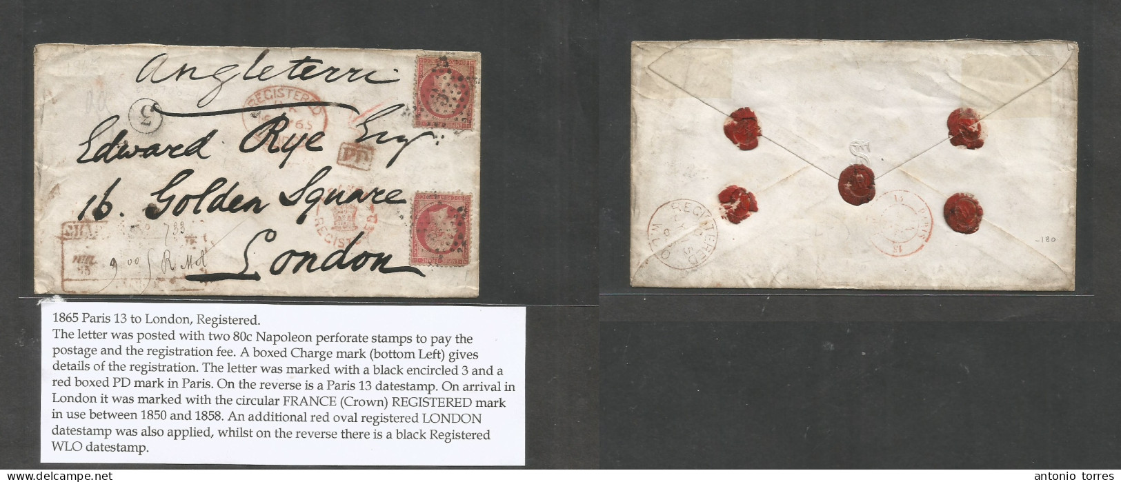 France. 1865 (July) Paris - London, UK (16 July) Registered Multifkd Envelope Bearing 80c Red (x2) Perf, Tied Star Dots - Altri & Non Classificati