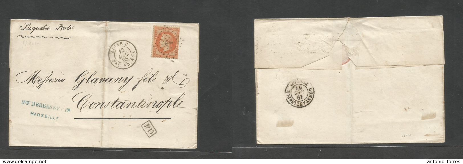 France. 1868 (12 Dec) Marseille - Constantinople, Turkey (19 Dec) E Fkd 40c Orange, Anchor Cancel + "Ligne H / Nº3" Cds - Autres & Non Classés