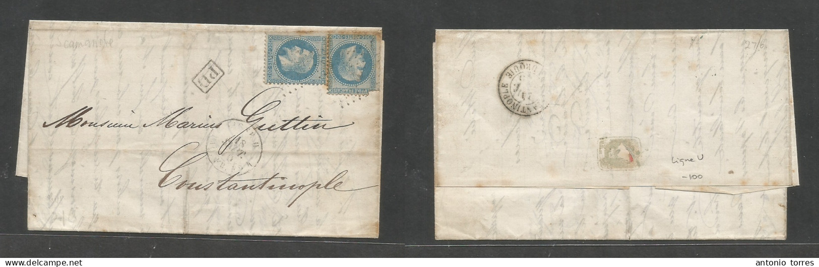 France. 1870 (18 Sept) (Marseille) - Constantinople (24 Sept) EL Fkd 20c Blue (x2) Tied Blue Anchor Cancels + Blue Cds " - Other & Unclassified