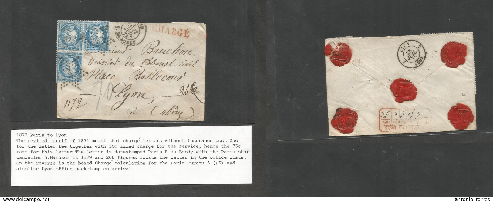 France. 1872 (27 July) Paris - Lyon (28 July) Registered Multifkd Envelope, Bearing 25c Blue X3 Strip Of Three, Tied Sta - Sonstige & Ohne Zuordnung