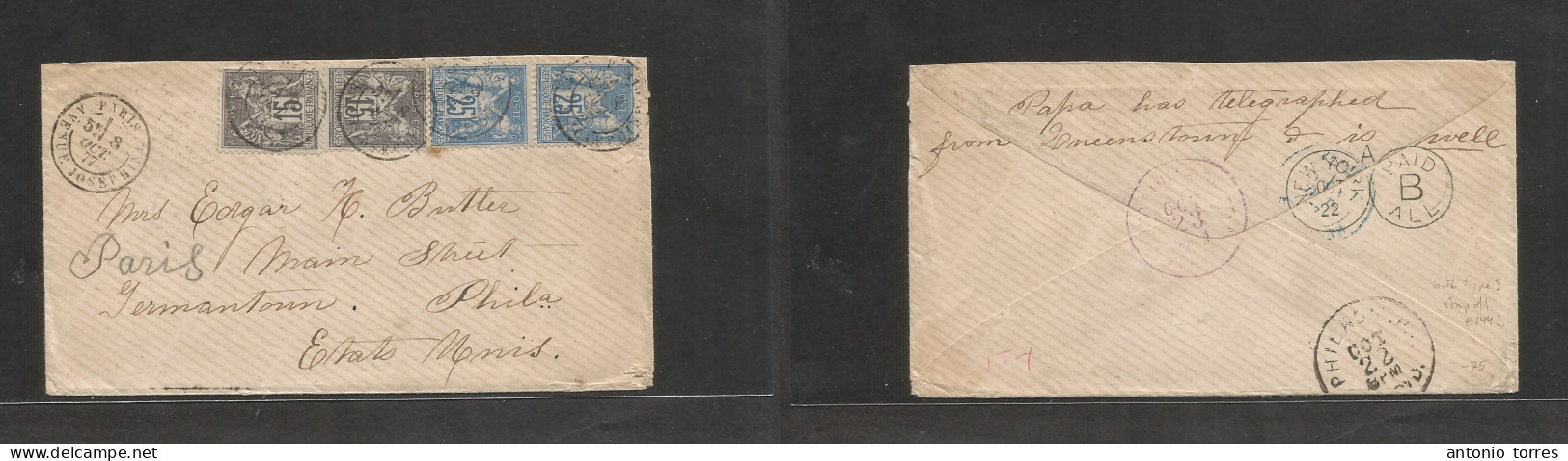 France. 1877 (8 Oct) Type I Stamps, Paris - USA, Germantown, Pha (22-23 Oct) Multifkd Sage Issue Envelope 15c Grey (x2) - Other & Unclassified