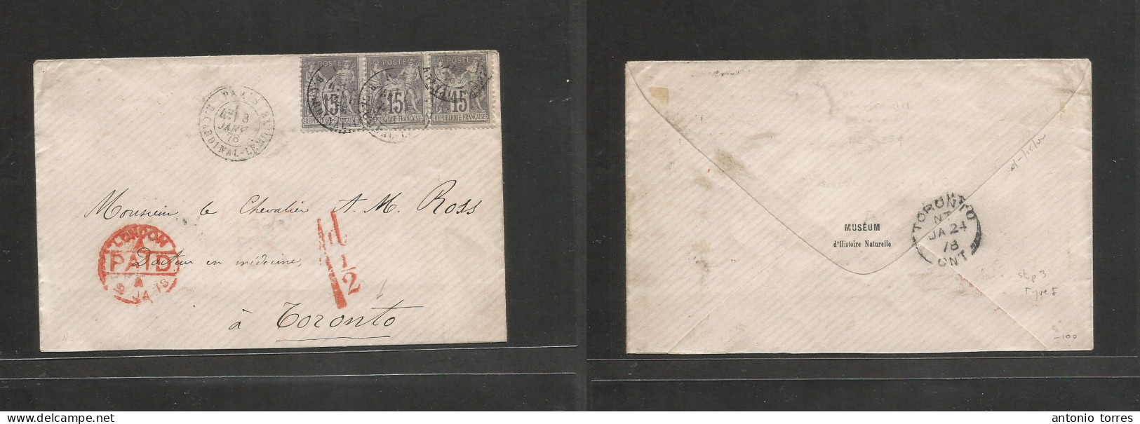 France. 1878 (8 Jan) Type I Stamps. Paris - Canada, Toronto (24 Jan) Via London. Multifkd Sage Issue Envelope 15c Grey S - Otros & Sin Clasificación