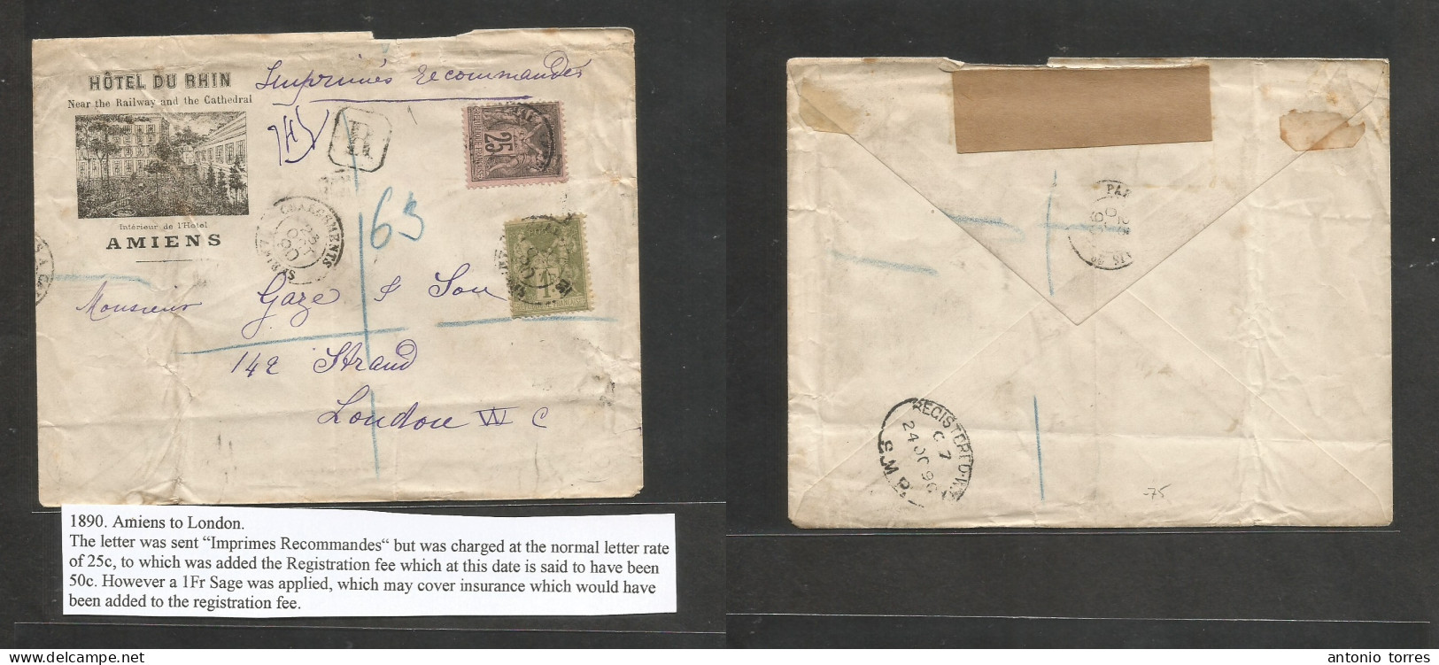France. 1890 (23 Oct) Amiens - London, UK (24 Oct) Registered Hotel Rhin Illustrated Multifkd Sage Issue Envelope At 1,2 - Autres & Non Classés