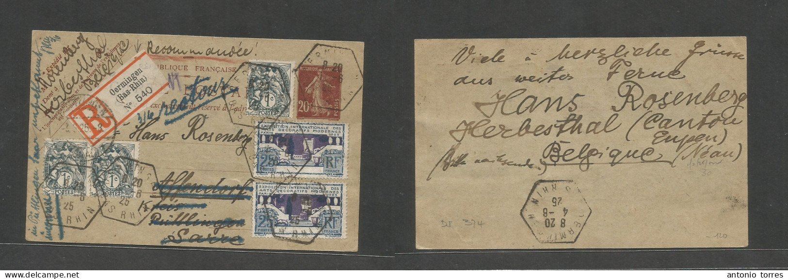 France - Stationary. 1925 (1 June) Oermingen - Sarre, Retour (3 June) Registered Semeuse 20c Brown Stat Card + 5 Adtls, - Other & Unclassified