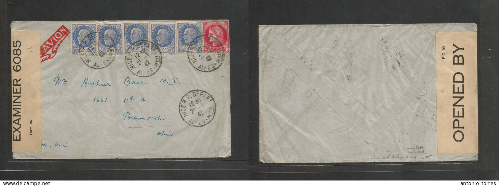 France - Xx. 1942 (21 Jan) Nice, Alpes - USA, Portmouth, OH. Petain Issue Multifkd Env, Air Usage British Censored. Out - Other & Unclassified