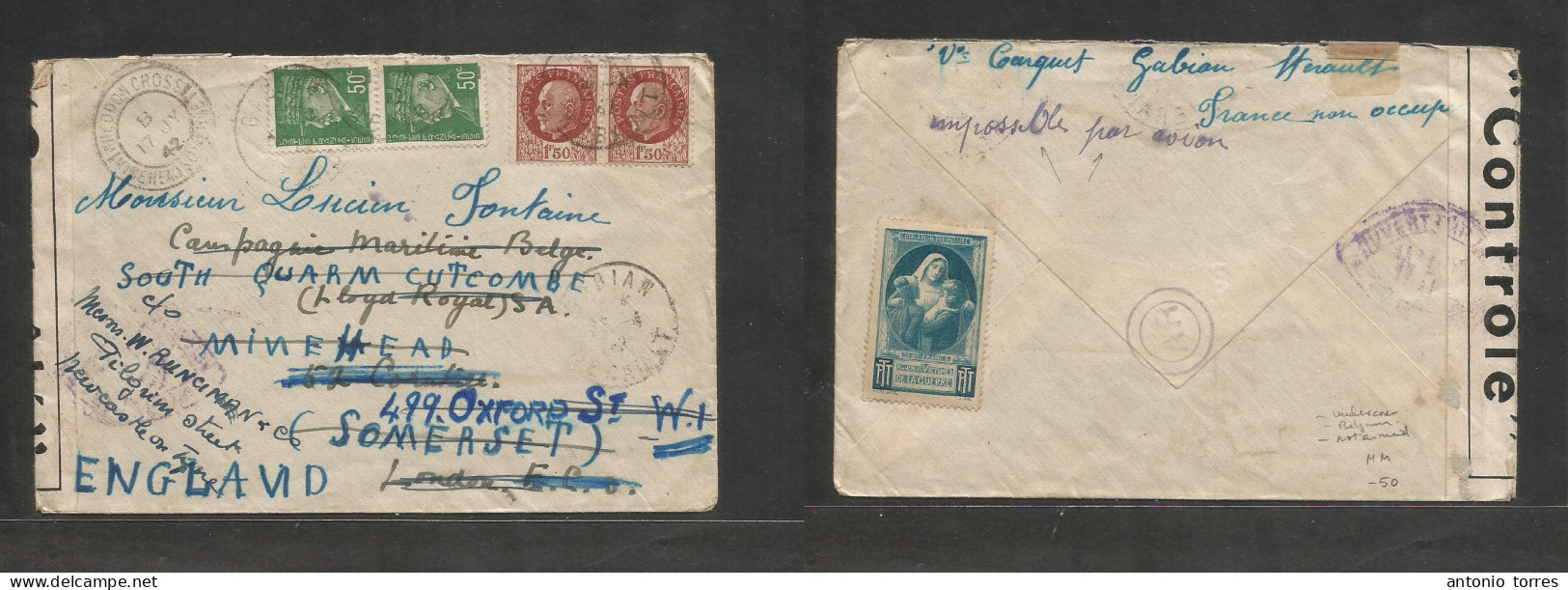 France - Xx. 1942 (25 April) Undercover Mail. Gabian, Merault - UK, London. Petain Multifkd Envelope, Imposible By Airpl - Sonstige & Ohne Zuordnung