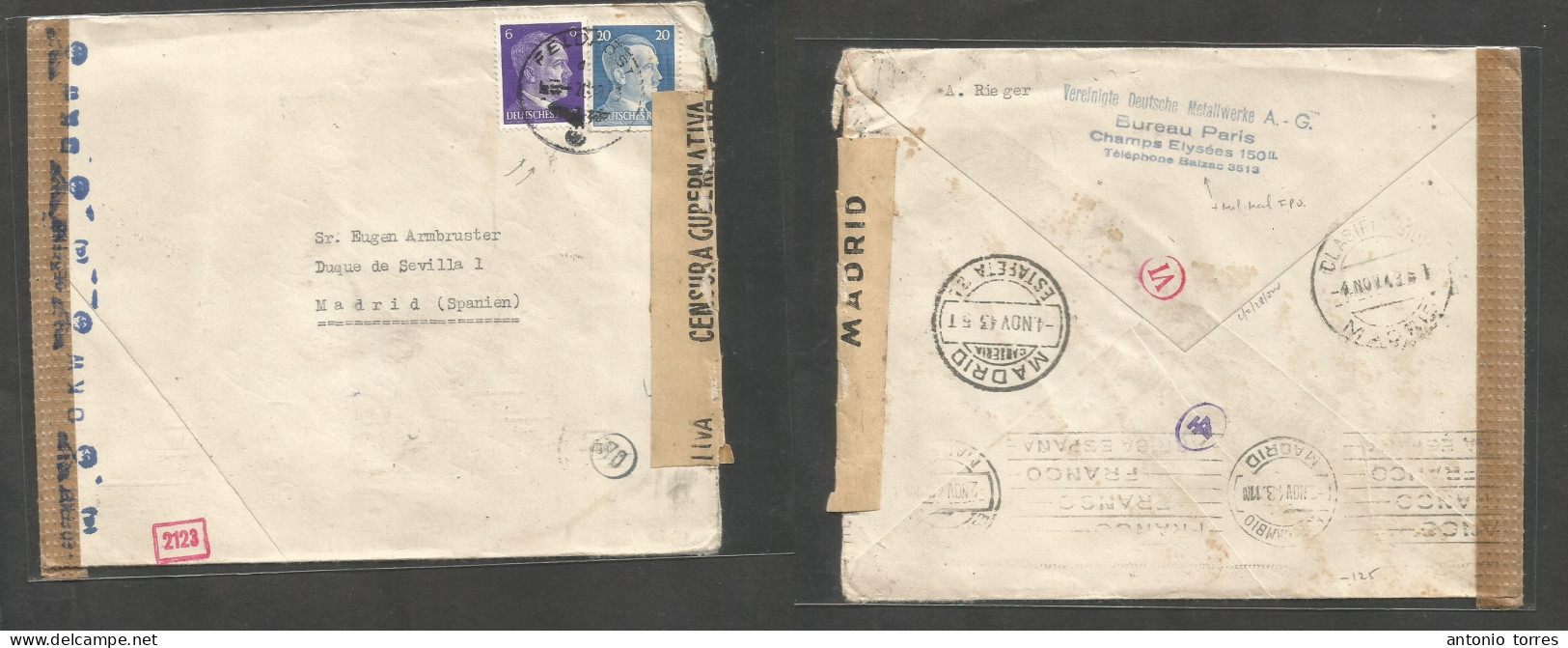 France - Xx. 1944 (2 April) Nazi Paris Occupation - Spain, Madrid (2-4 Nov) Multifkd Hitler Envelope At 26 Pf Rate, With - Autres & Non Classés