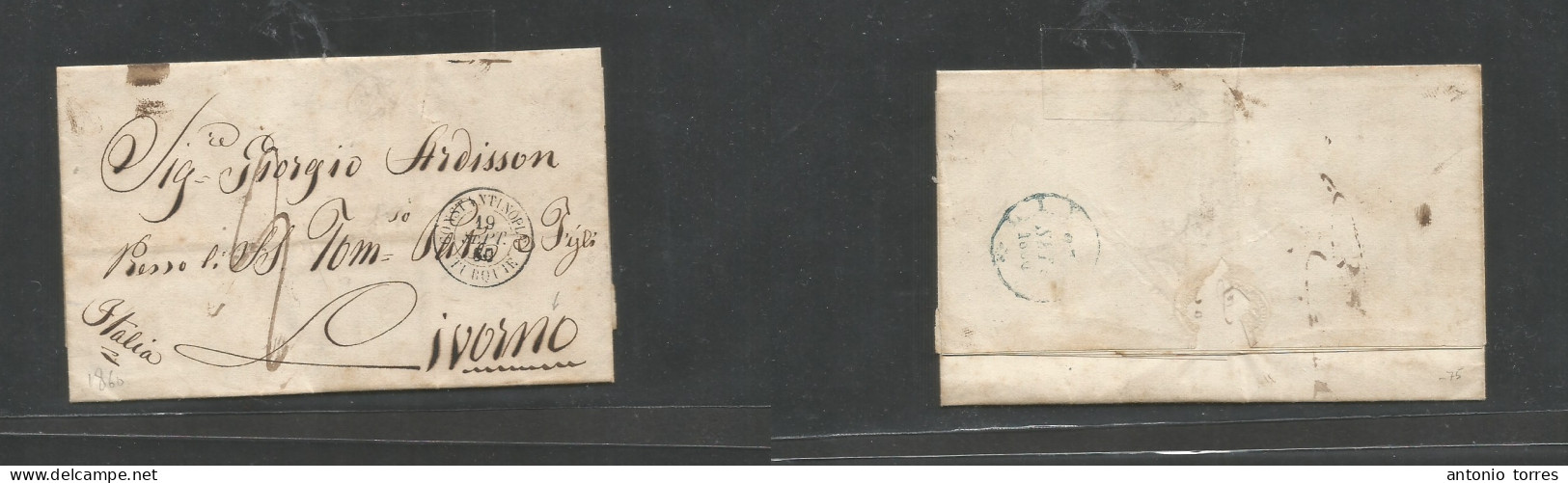 French Levant. 1860 (17 Sept) Turkey, Constantinople - Livorno, Italy (27 Sept) EL With Text, Unfranked + Taxed, Cds Dep - Other & Unclassified