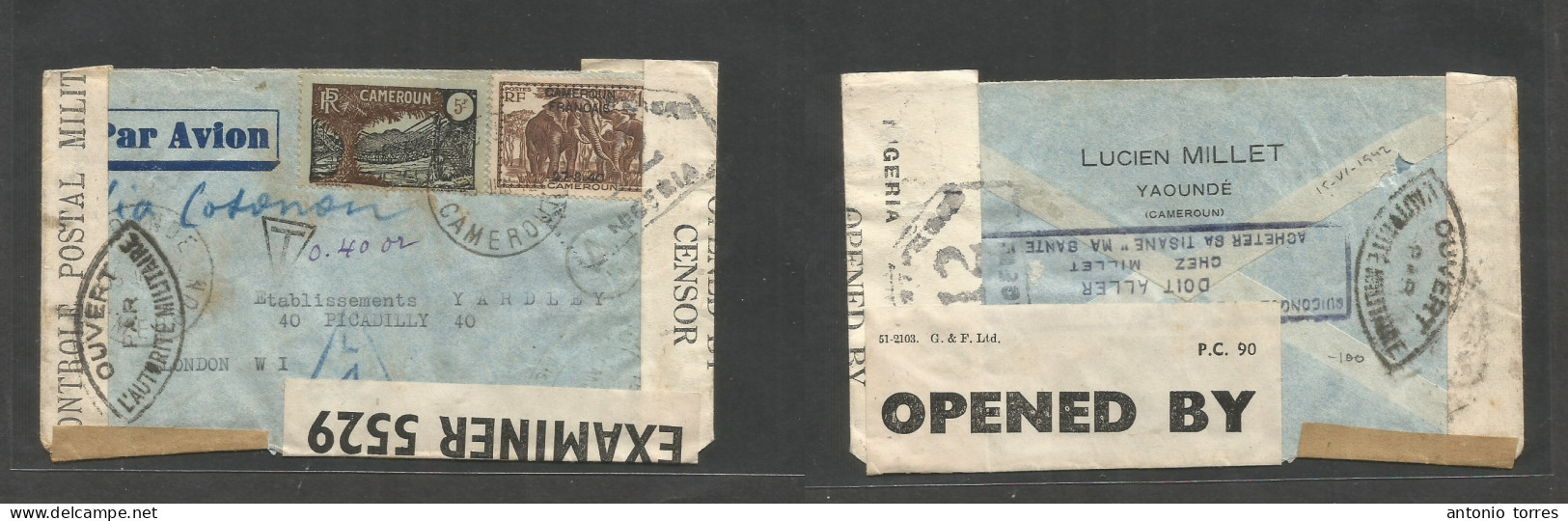 Frc - Cameroun. 1942 (15 June) Yaounde - London, UK. Multifkd Air Envelope Including Ovptd 27.3.40 Issue, Tied Cds Via C - Other & Unclassified