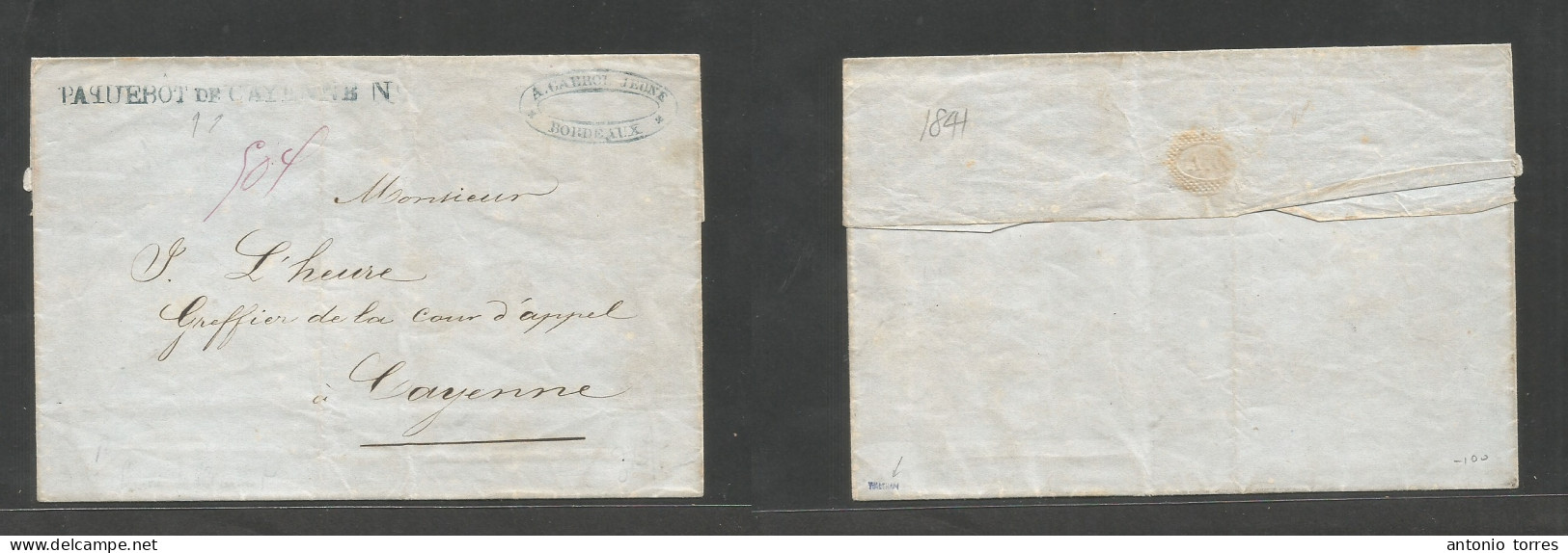 Frc - Guiana. C. 1841. Bordeaux, France - Cayenne. E Stline Blue "Paquebot De Cayenne Nº" (xx/R) + Comercial Depart Oval - Other & Unclassified