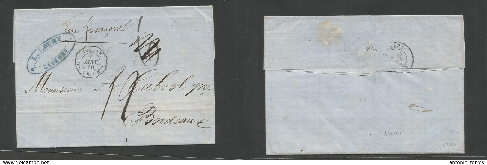 Frc - Guiana. 1869 (31 Dec) Cayenne - France, Bordeaux (30 Jan 70) EL With Text, Depart "Col Fr / C / Nº1" Octogonal + M - Autres & Non Classés