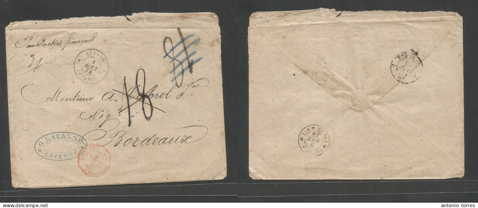 Frc - Guiana. 1874 (1 Aug) Cayenne - France, Bordeaux (24 Aug) Stampless Comercial Envelope, Depart Cds + 3 Modified Mns - Autres & Non Classés