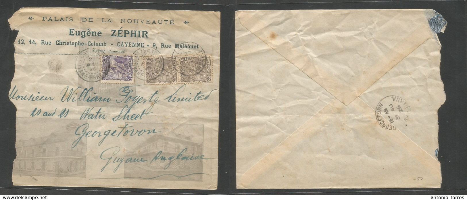 FRC - Guiana. 1926 (27 Aug) Cayenne - Georgetown, Br, Guyana (31 Aug) Comercial Illustrated Multifkd Envelope. - Other & Unclassified