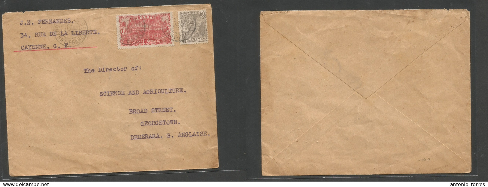 FRC - Guiana. 1928 (27 July) Cayenne - Georgetown, Demerara, Br. Guyana. Multifkd Envelope, Better Dest. - Otros & Sin Clasificación