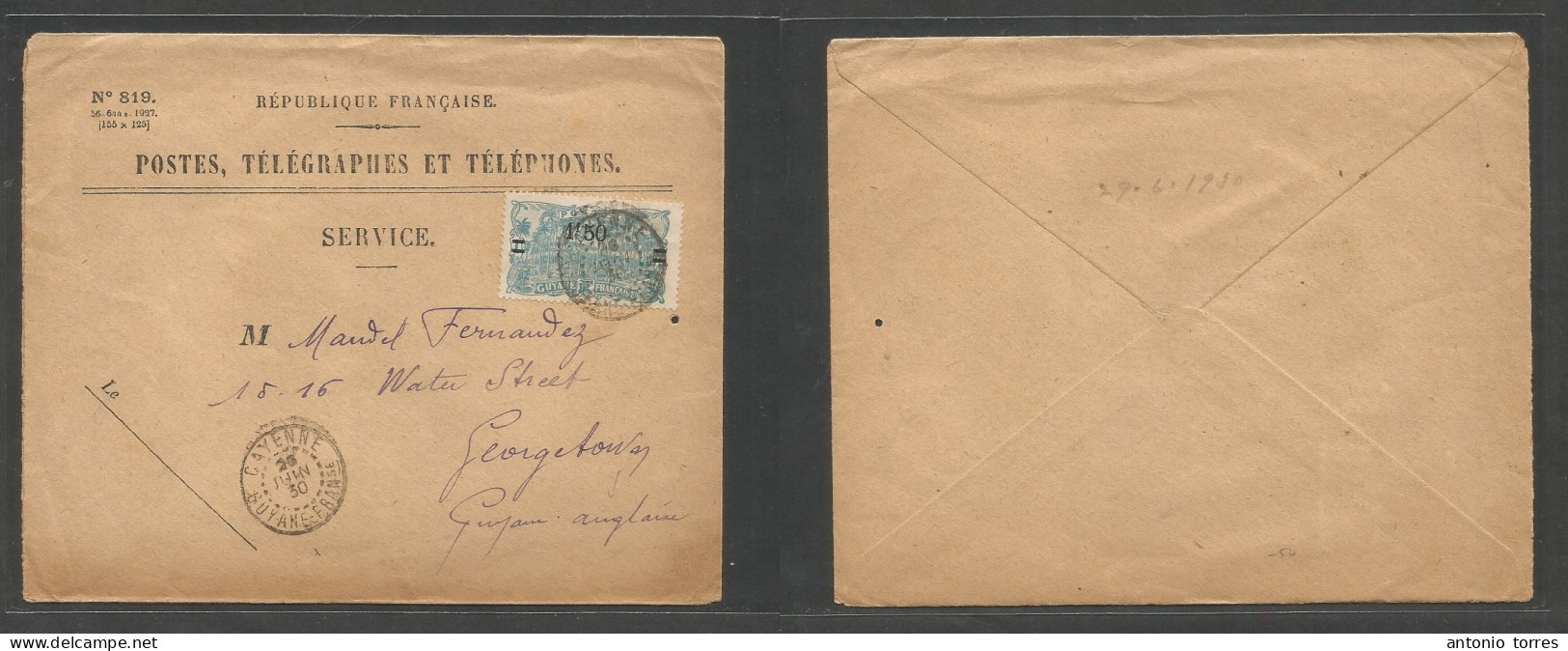 Frc - Guiana. 1930 (26 June) Cayenne - Br. Guayana, Georgetown. Official Fkd Ovptd Issue Envelope, Tied Cds. - Sonstige & Ohne Zuordnung