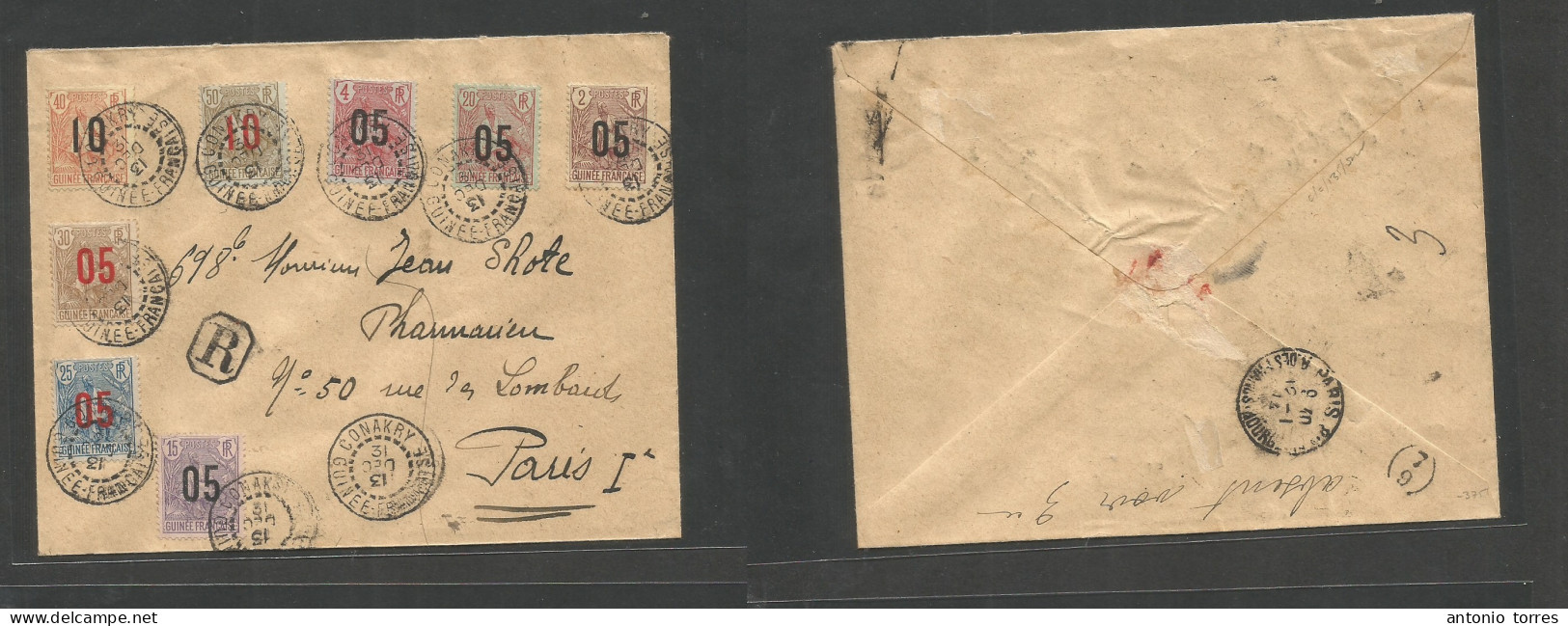 Frc - Guinea. 1913 (31 Dec) Conacry - France, Paris (12 Jan 14) Registered Multifkd Aux With Eight Diff Values 05 Out. 1 - Otros & Sin Clasificación