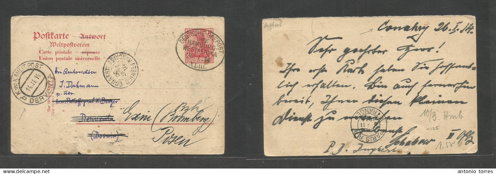 Frc - Guinea. 1914 (26 Jan) German Ship Mail, Conakry - Bosnia, Derventa (14 Feb) 10pf Red Germania Stat Card Depart Fre - Otros & Sin Clasificación