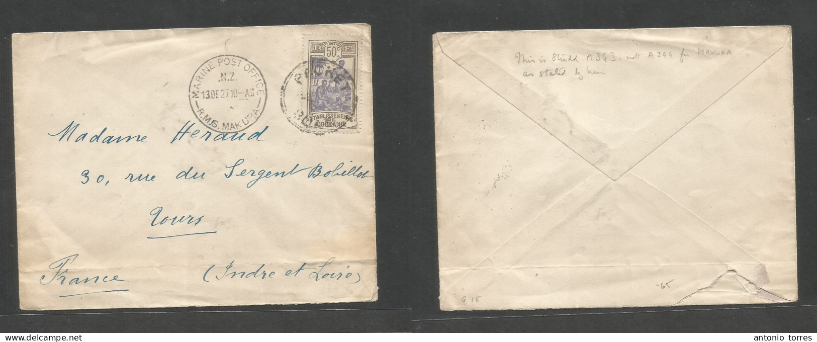 Frc - Oceania. 1937 (Dec) Packet Boat + RMS Makura, NZ Marine PO 50c Fkd Envelope To Tours, France, Tied Cachet + Cds Al - Altri & Non Classificati