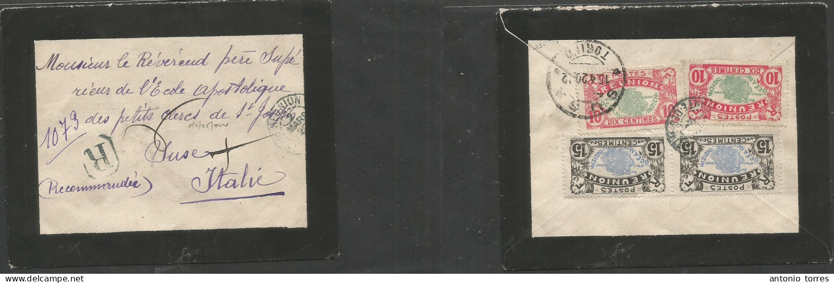 Frc - Reunion. 1920 (2 March) GPO - Italy, Suse (15 Apr) Reverse Multifkd Registered Mourning Envelope, Tied Cds + R-cac - Autres & Non Classés