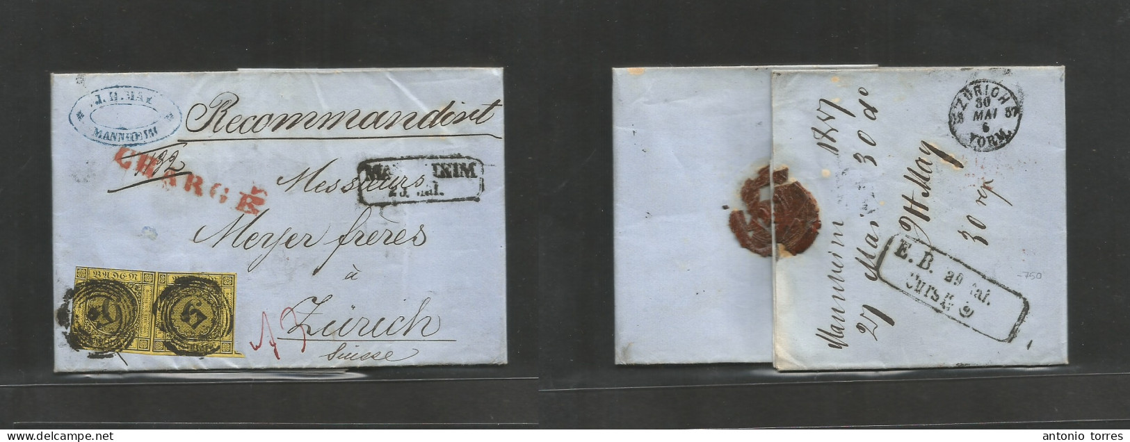 German States-Baden. 1857 (27 May) Mannheim - Switzerland, Zurich (30 May) Registered EL With Contains, Fkd 6 Gr Black / - Other & Unclassified