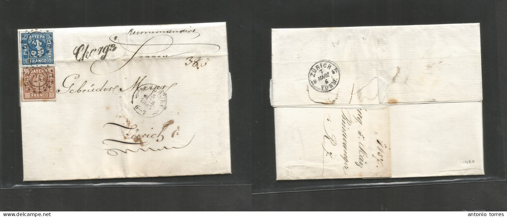German States-Bayern. 1857 (5 March) Augsburg - Switzerland, Zurich (7 March) Registered EL With Text, Multifkd At 9 Kr - Sonstige & Ohne Zuordnung