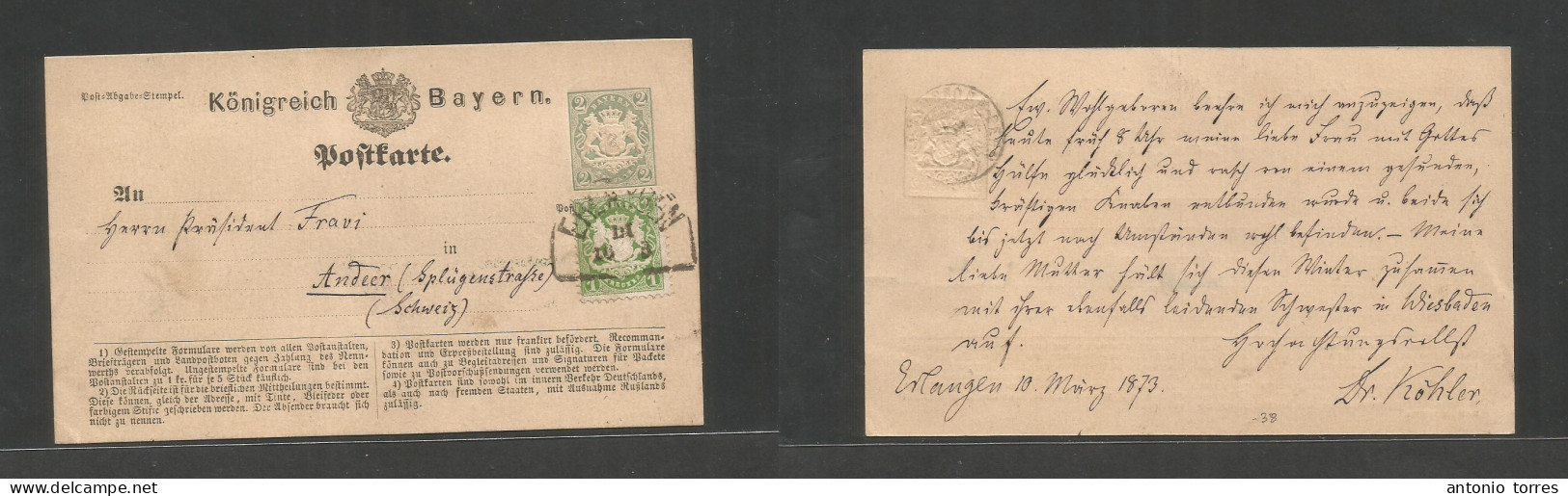 German States-Bayern. 1873 (10 March) Erlangen - Switzerland, Zurich, 2k Blue Prussia Stat Card + 1k Green Adtl, Tied To - Other & Unclassified
