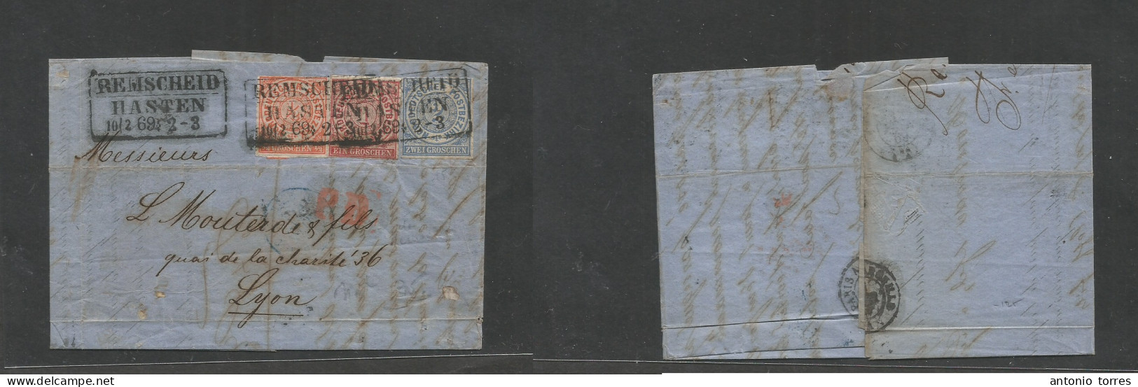 German States-N.G.Conf.. 1869 (10 Feb) Remscheid - France, Lyon (11 Febr) EL With Contains, Fkd Tricolor Perce Issue Tie - Altri & Non Classificati